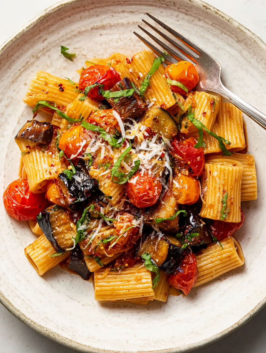 A plate of pasta with tomatoes and mushrooms.