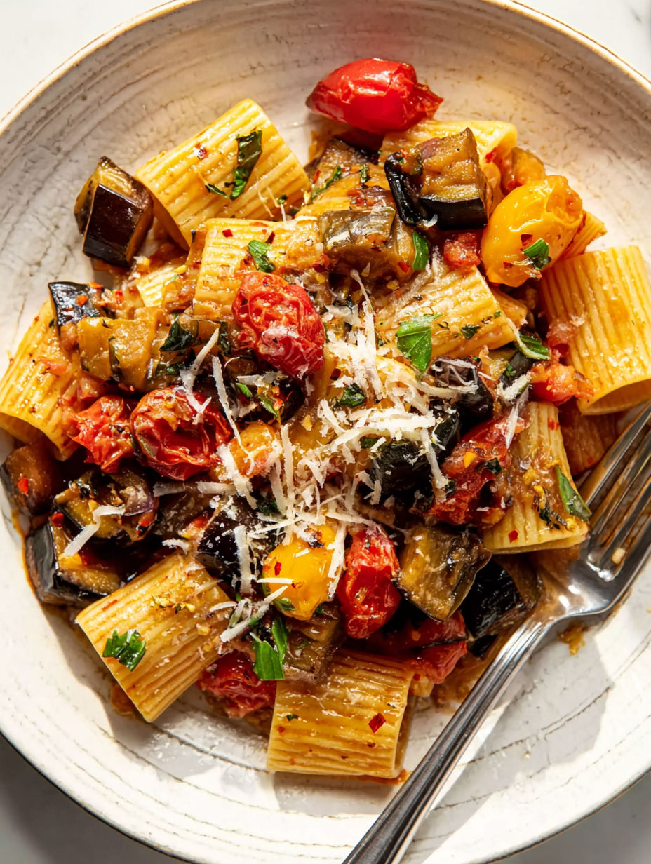A plate of pasta with tomatoes and cheese.