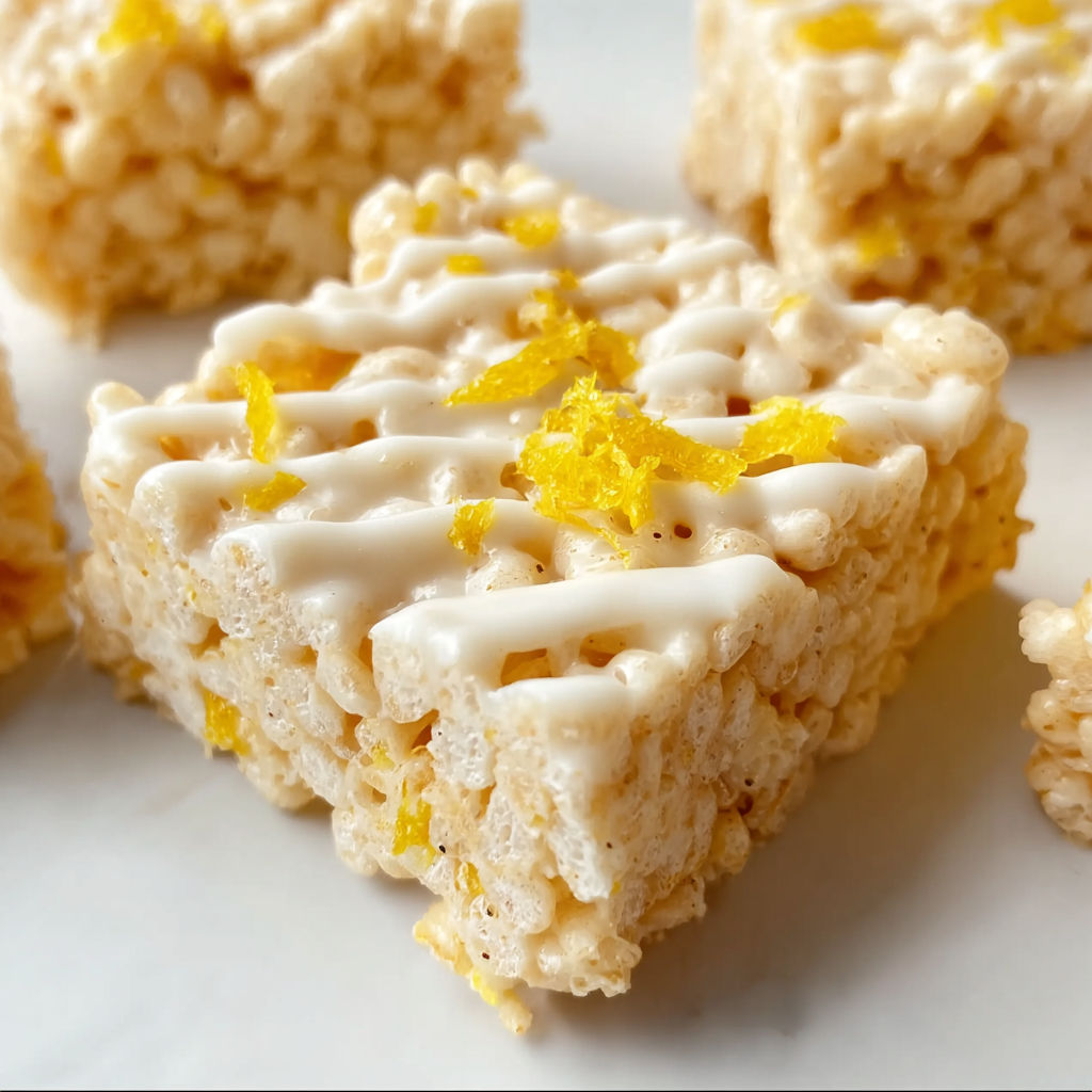 A close up of a lemon rice krispy treat.