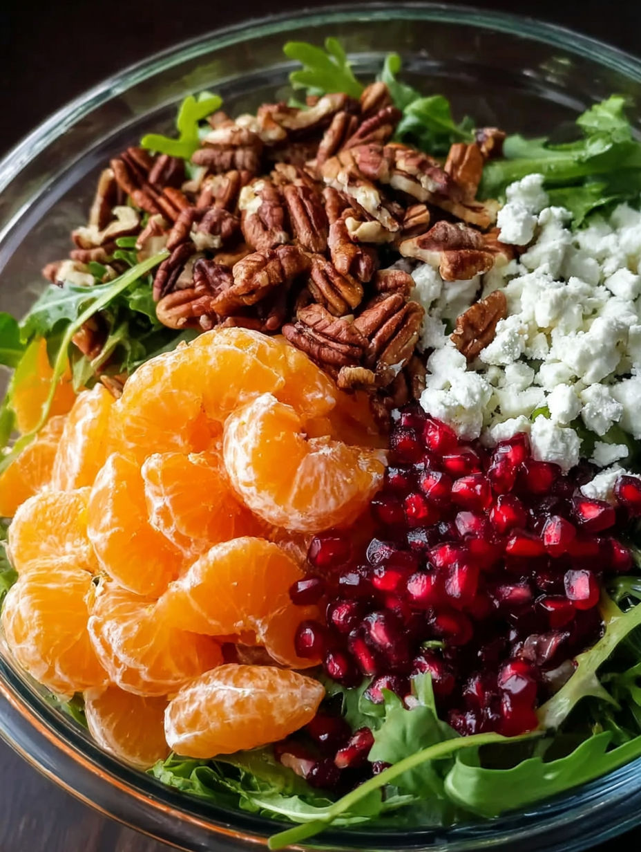 A bowl of fruit salad with oranges, pomegranate, and feta cheese.