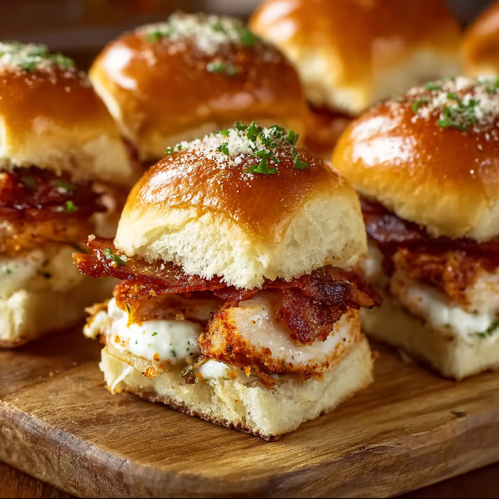 Maple chicken bacon sliders on a wooden tray.