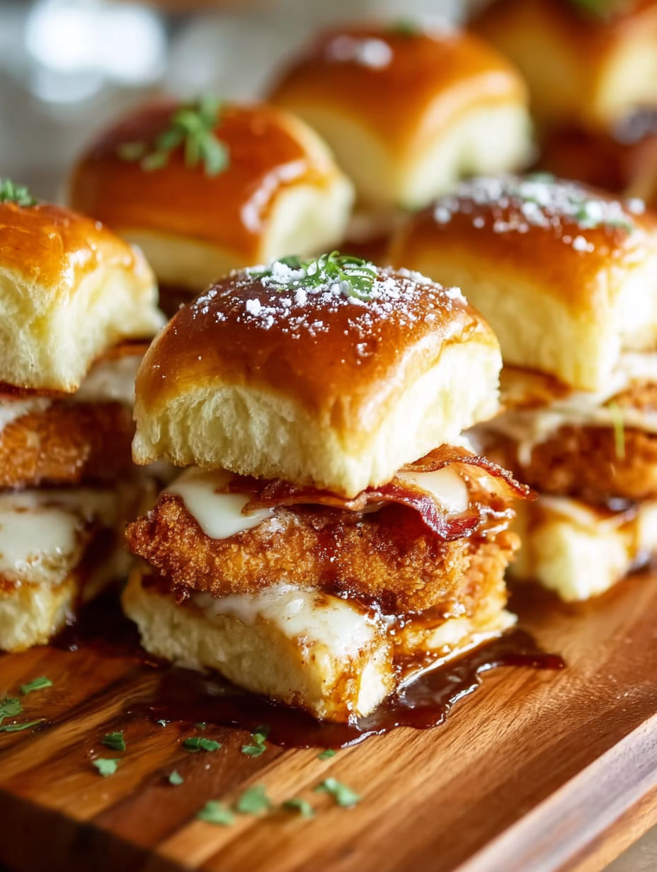 Maple chicken bacon sliders on a wooden platter.