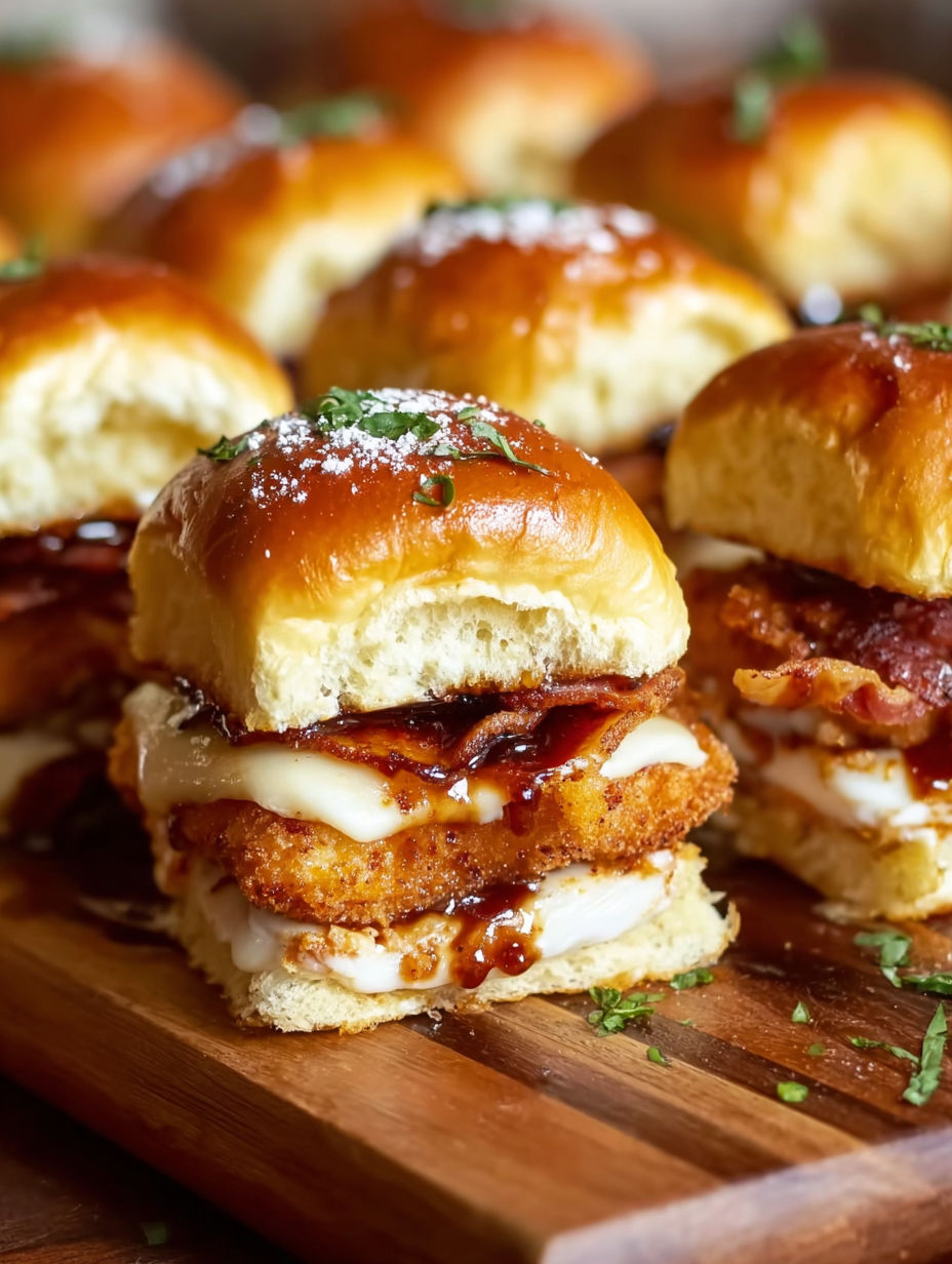 Maple chicken bacon sliders on a wooden cutting board.
