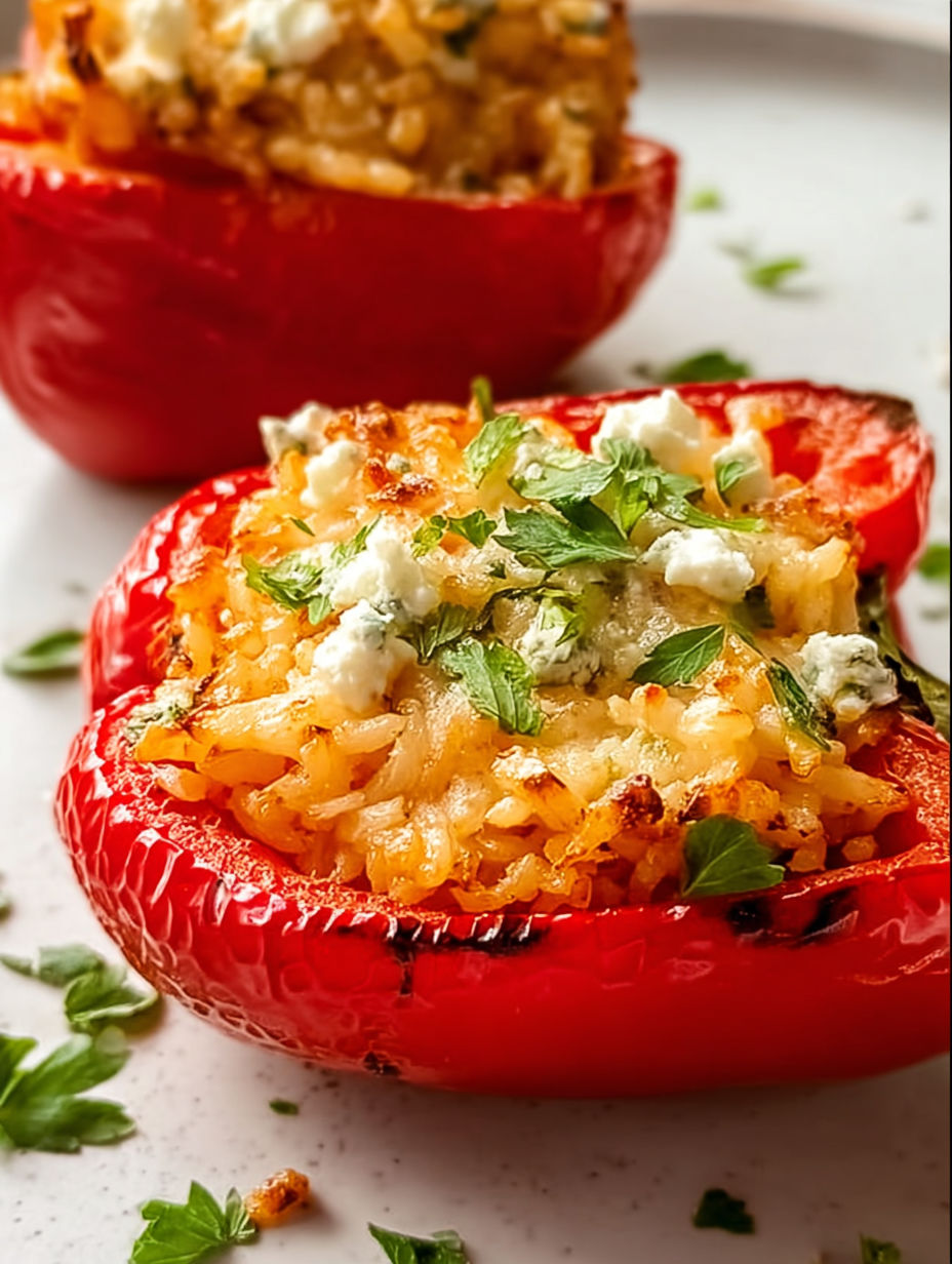A close up of a red pepper filled with rice and cheese.