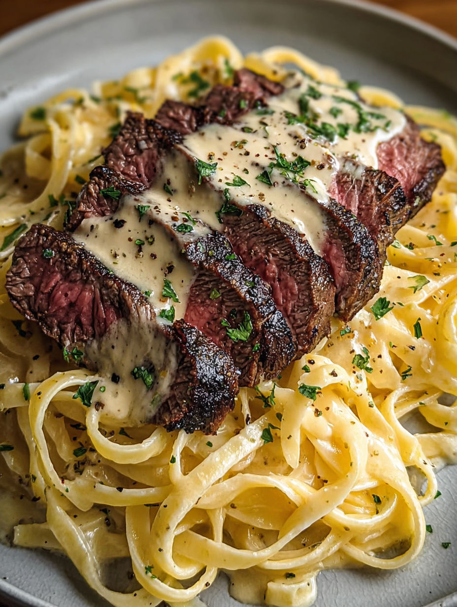 A piece of steak with a creamy sauce on top.