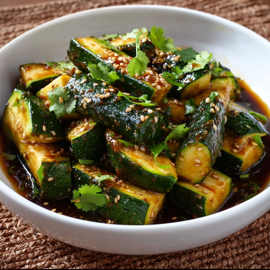 A bowl of zucchini with a sauce.