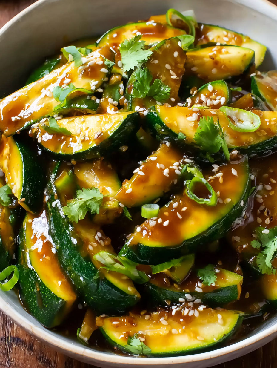 A bowl of zucchini stir fry with sauce.