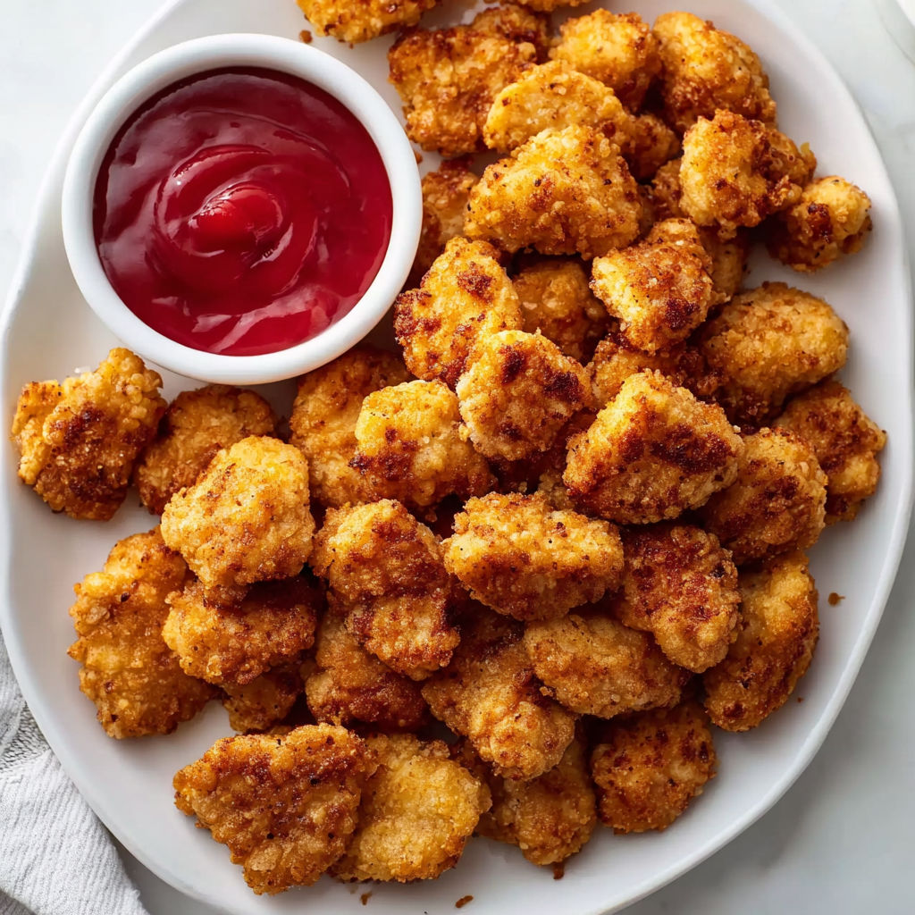 A plate of popcorn chicken with a dipping sauce.