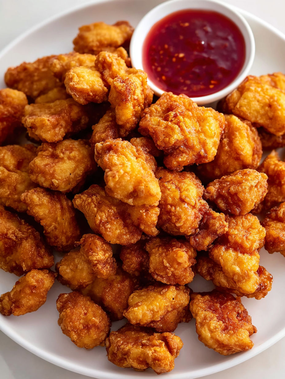 A plate of popcorn chicken with a bowl of sauce.