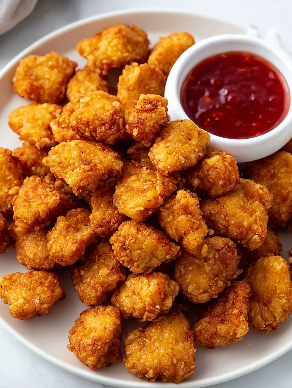A plate of popcorn chicken with a ketchup dipping sauce.