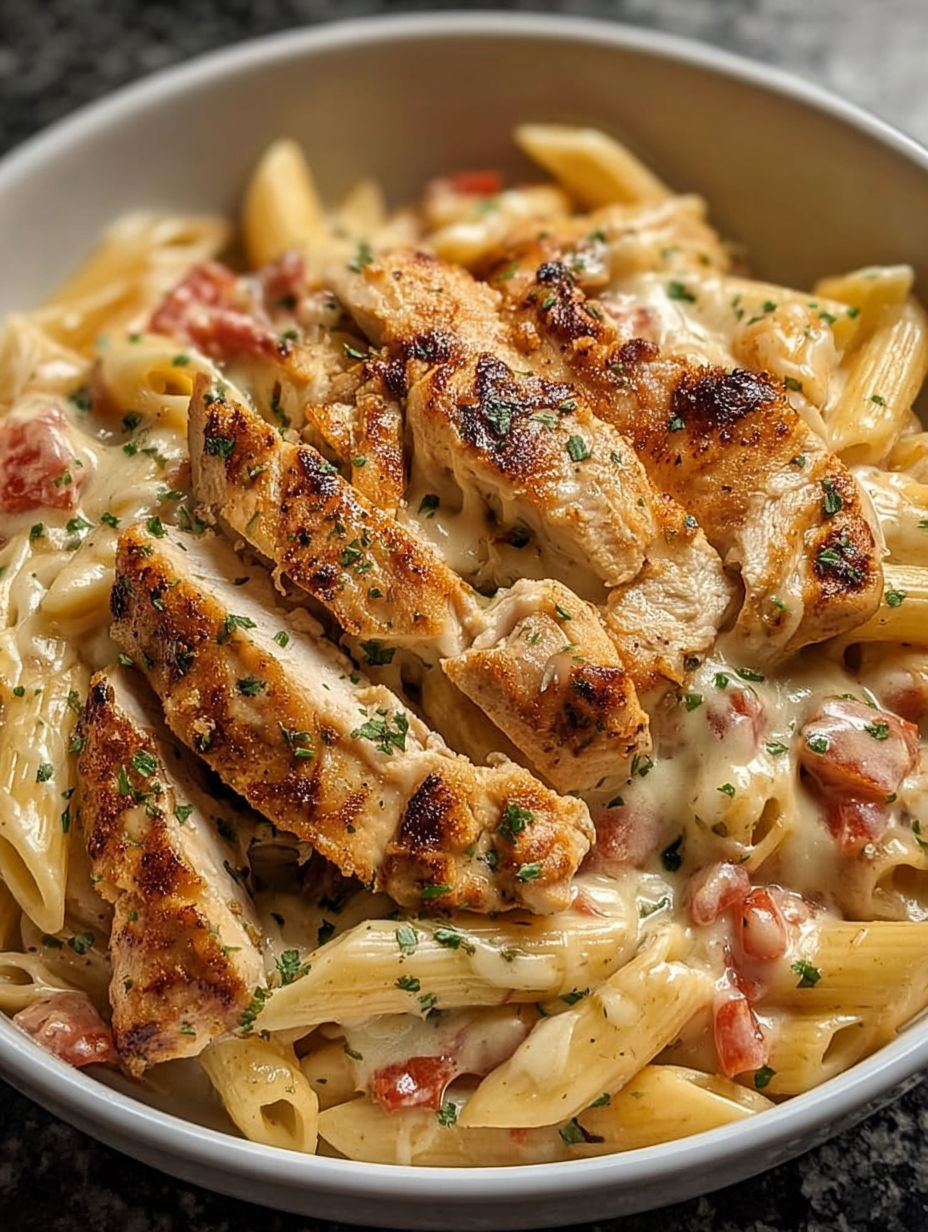 A bowl of creamy chicken and pasta.