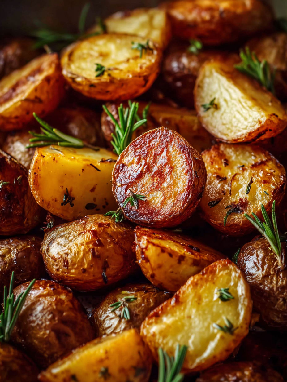 A close up of a pile of potatoes with herbs on top.