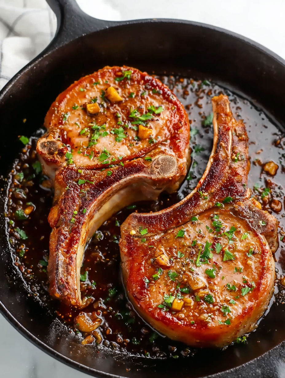 A pan of pork chops with honey and garlic.