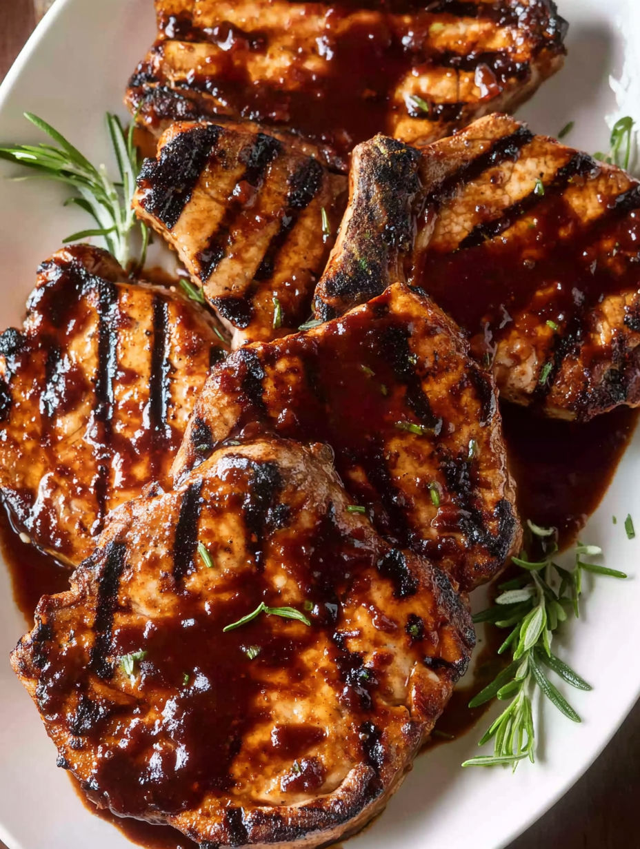 A plate of pork chops with a sauce.
