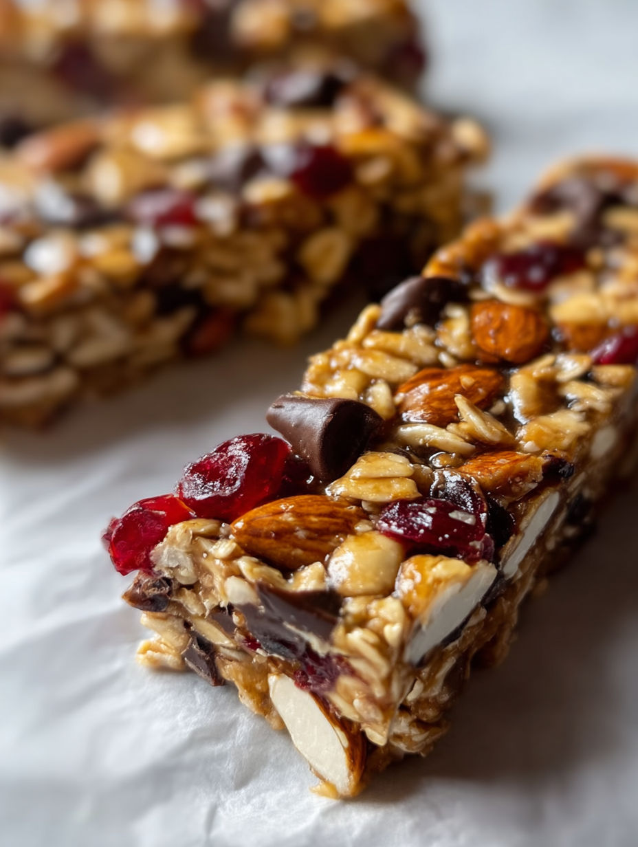 A close up of a granola bar with chocolate chips.