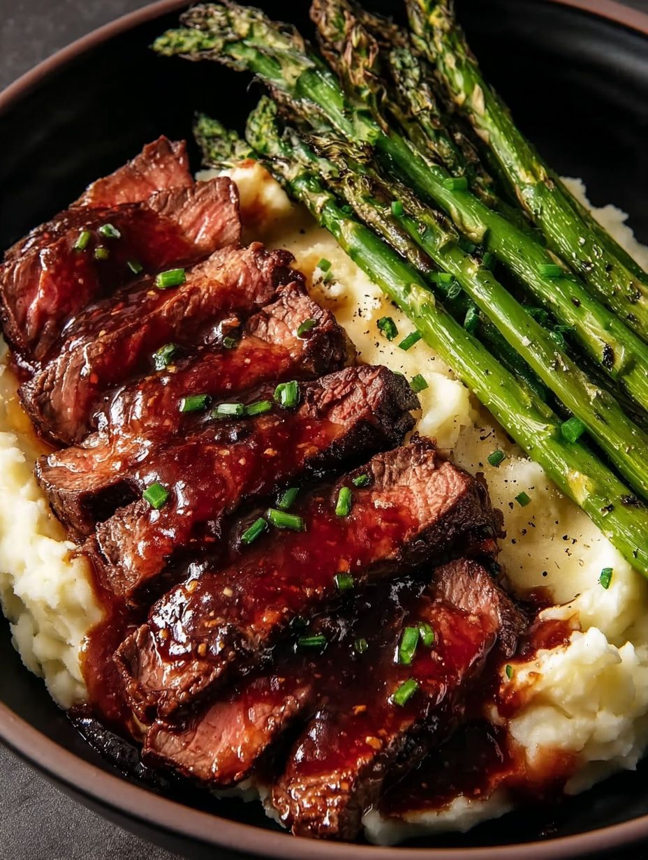 Steak mit cremigem Kartoffelpüree und geröstetem Spargel.