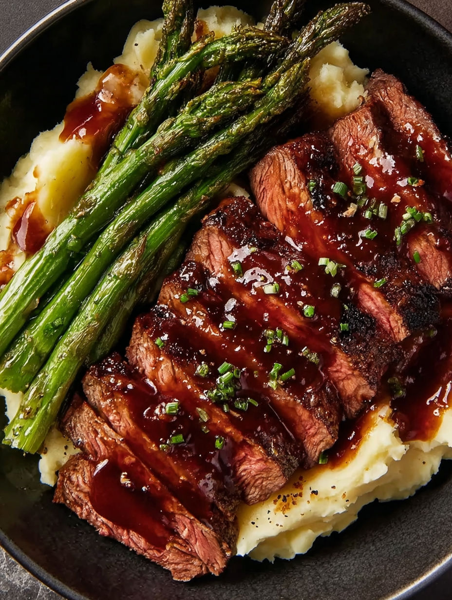 Steak with creamy mashed potatoes and grilled asparagus.