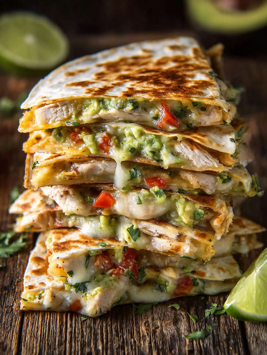 A stack of chicken avocado quesadillas.