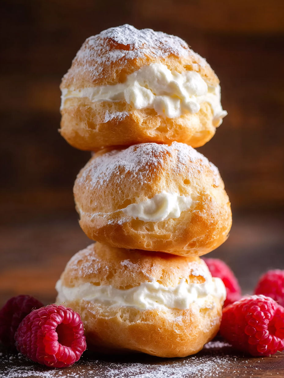 Three stacked Brandteig-Windbeutel.