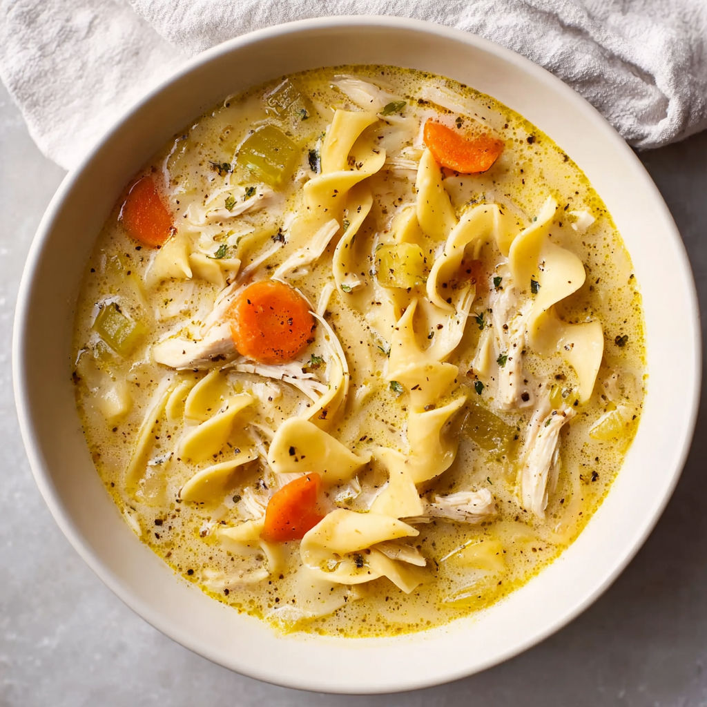A bowl of creamy chicken noodle soup.