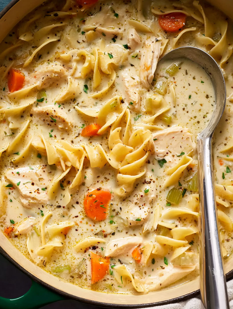 A bowl of creamy chicken noodle soup.