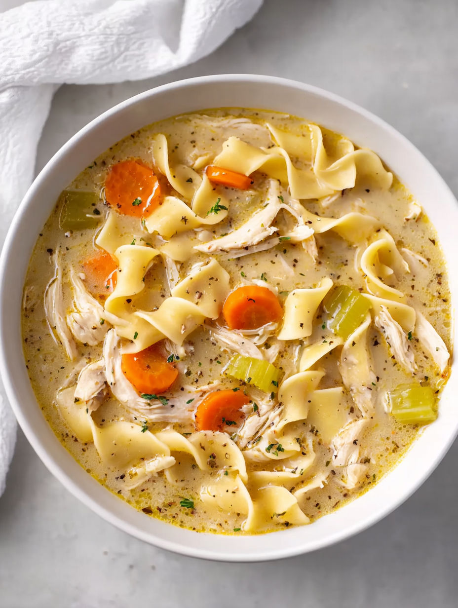 A bowl of creamy chicken noodle soup.