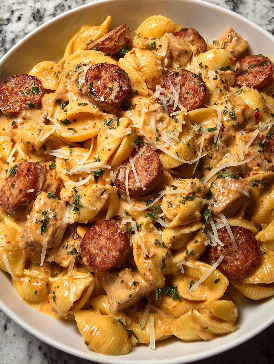 A bowl of pasta with meat and cheese.