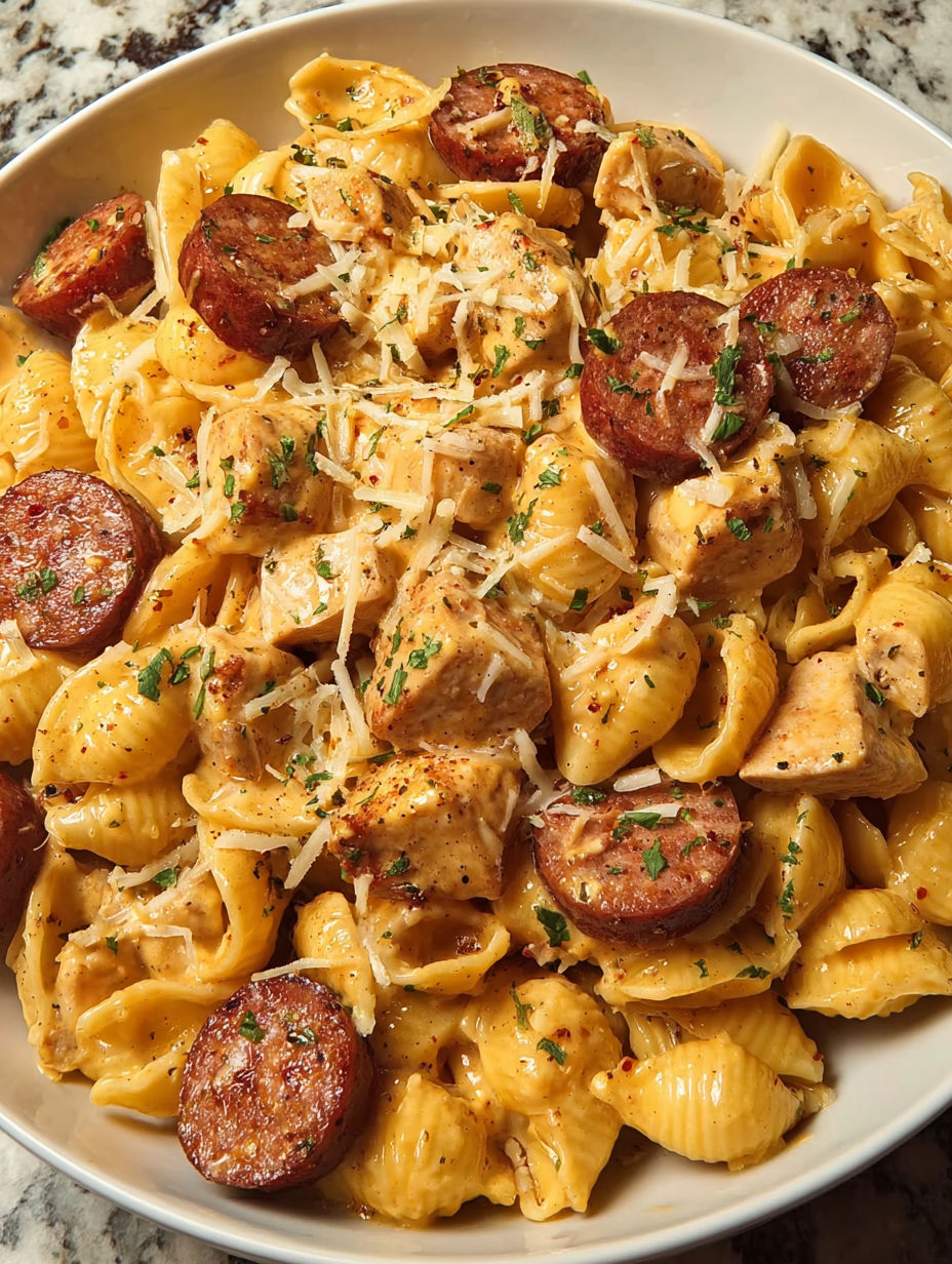 A plate of pasta with meat and sausage.