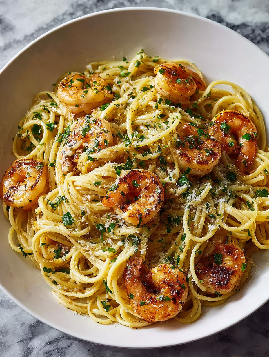 A bowl of pasta with shrimp and herbs.