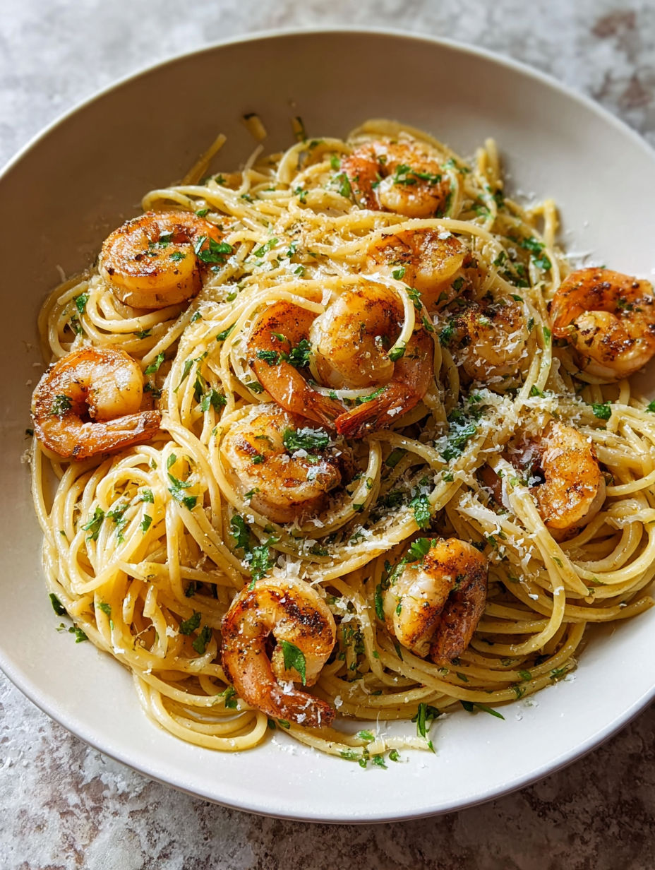 A bowl of pasta with shrimp and herbs.