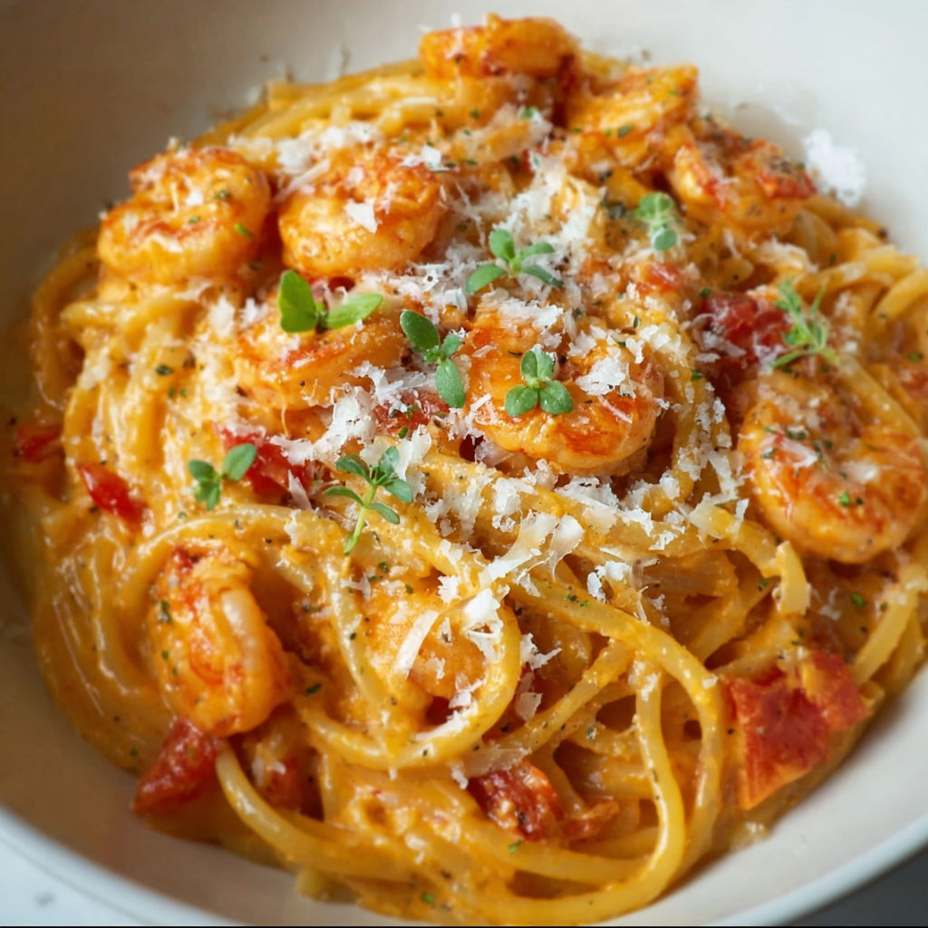 A bowl of spaghetti with shrimp and tomato sauce.