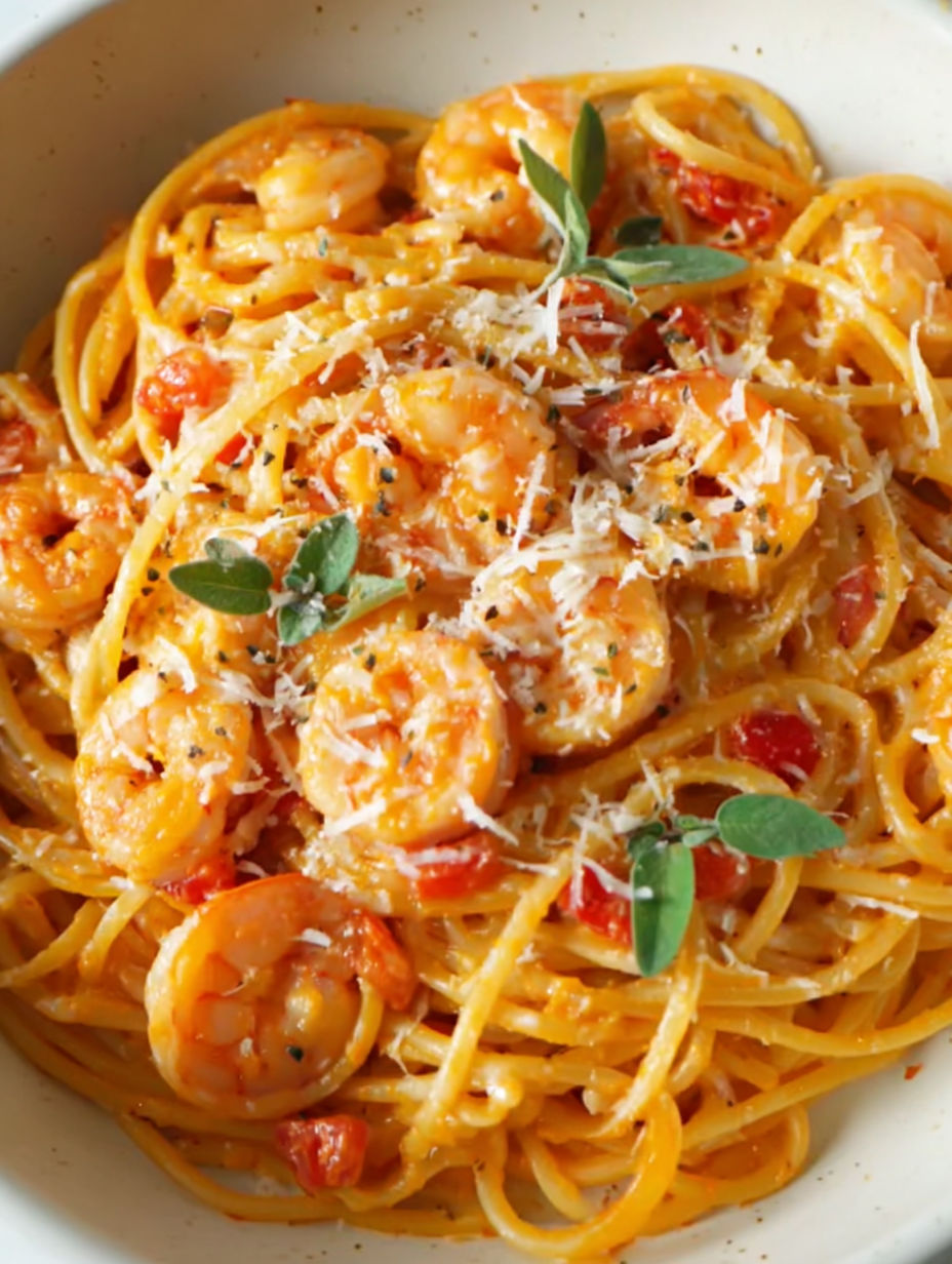 A bowl of spaghetti with shrimp and tomato sauce.