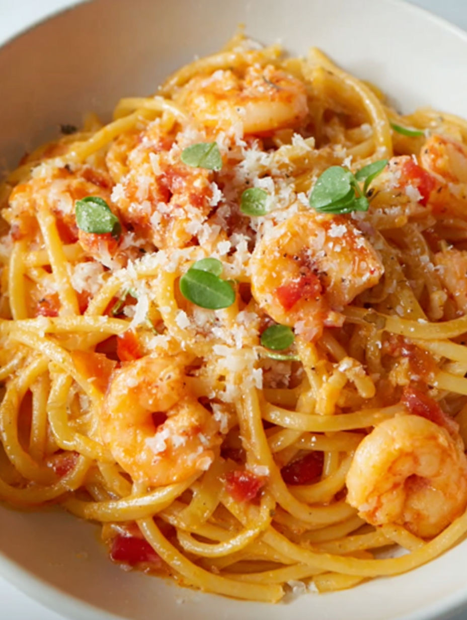 Spaghetti with shrimp and tomato sauce.