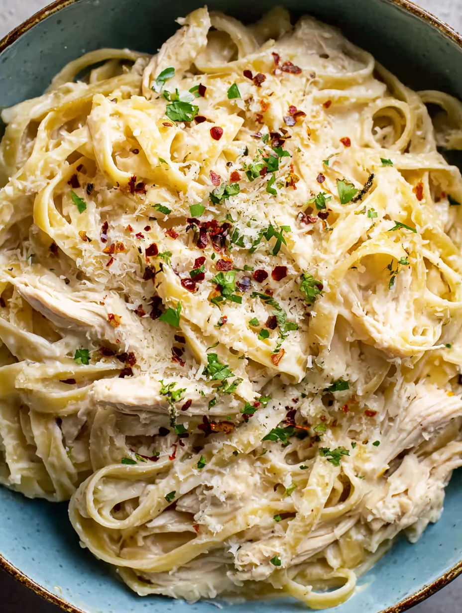 A bowl of pasta with chicken and cheese.