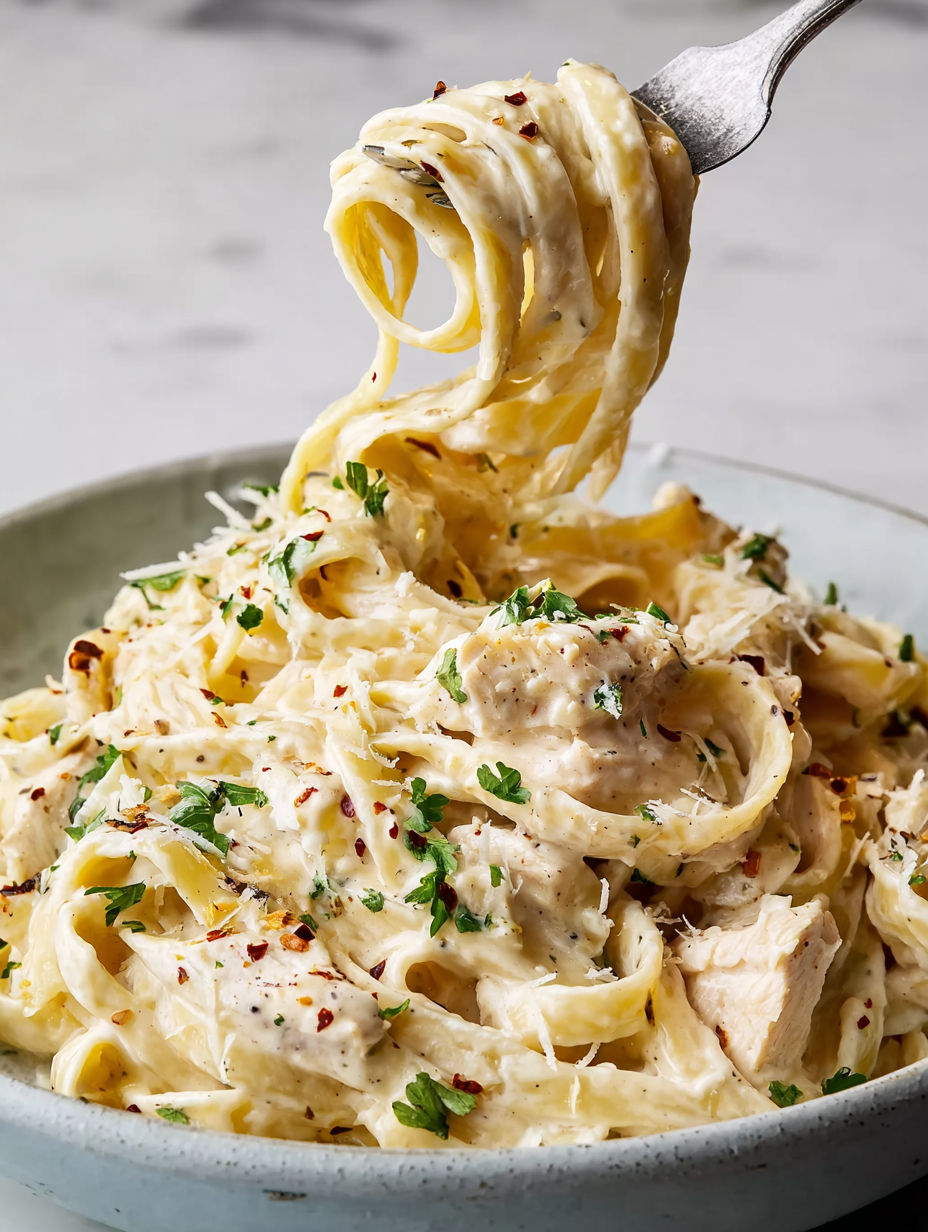 A bowl of Alfredo pasta with chicken and cheese.