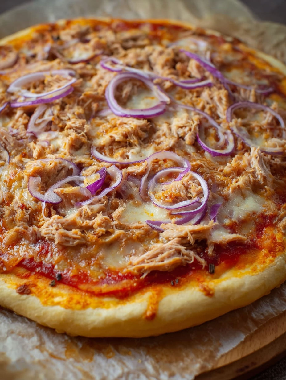 A pizza with onions and chicken.