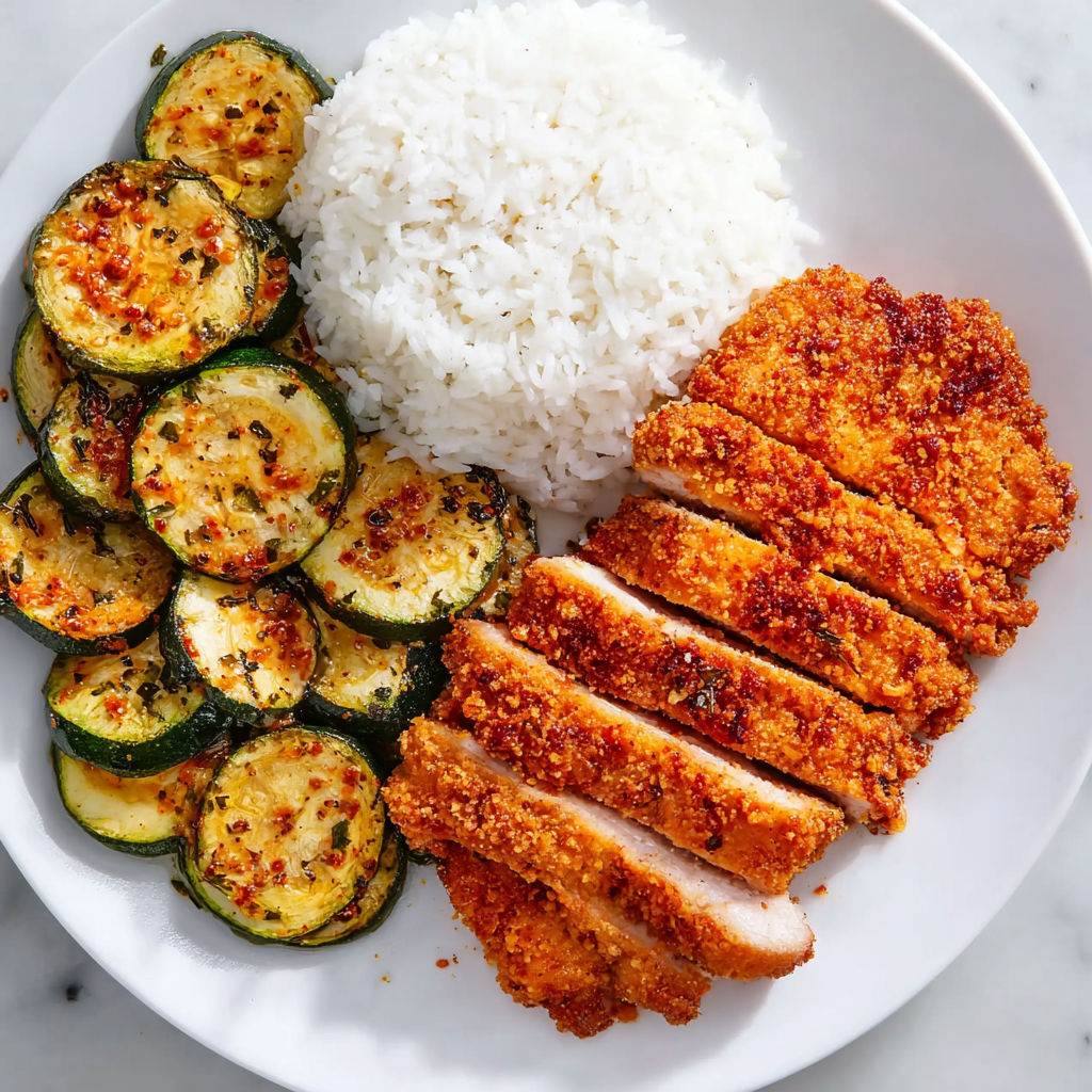 A plate of food with chicken, rice, and vegetables.