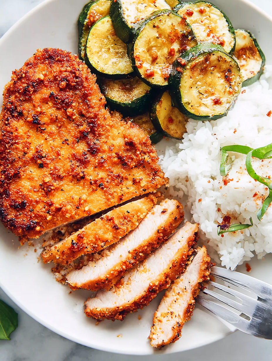 Air fryer chicken with rice and zucchini.