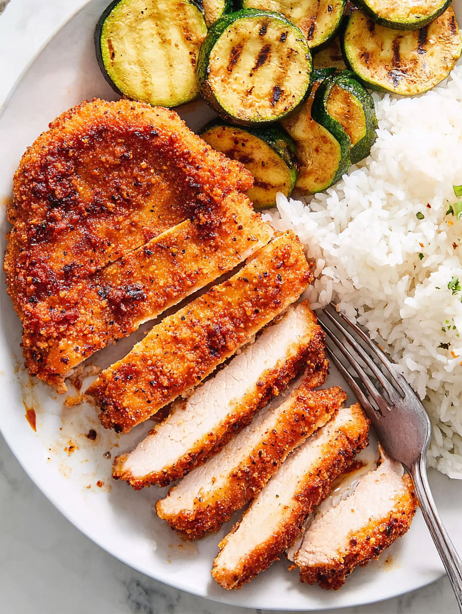 Air fryer chicken with rice and zucchini.