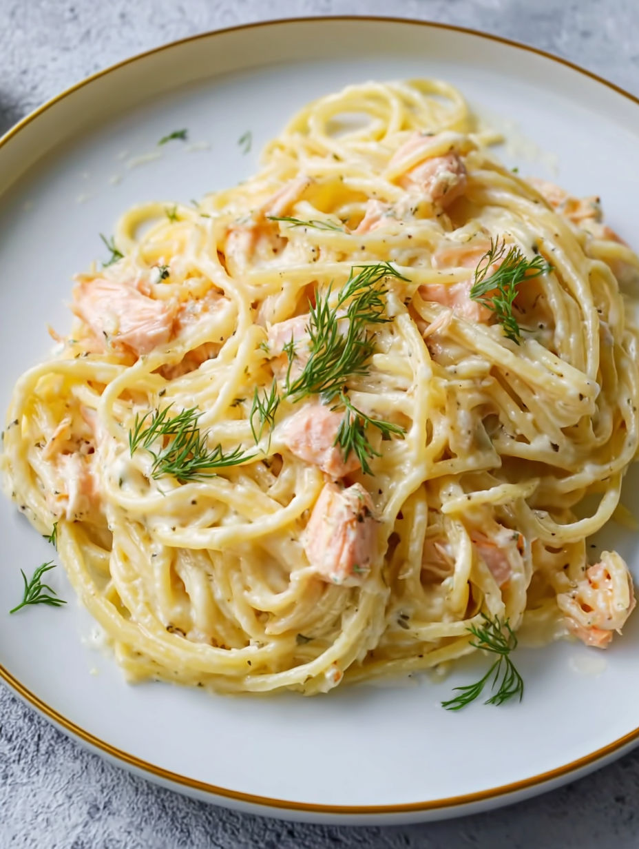A plate of spaghetti with salmon on top.