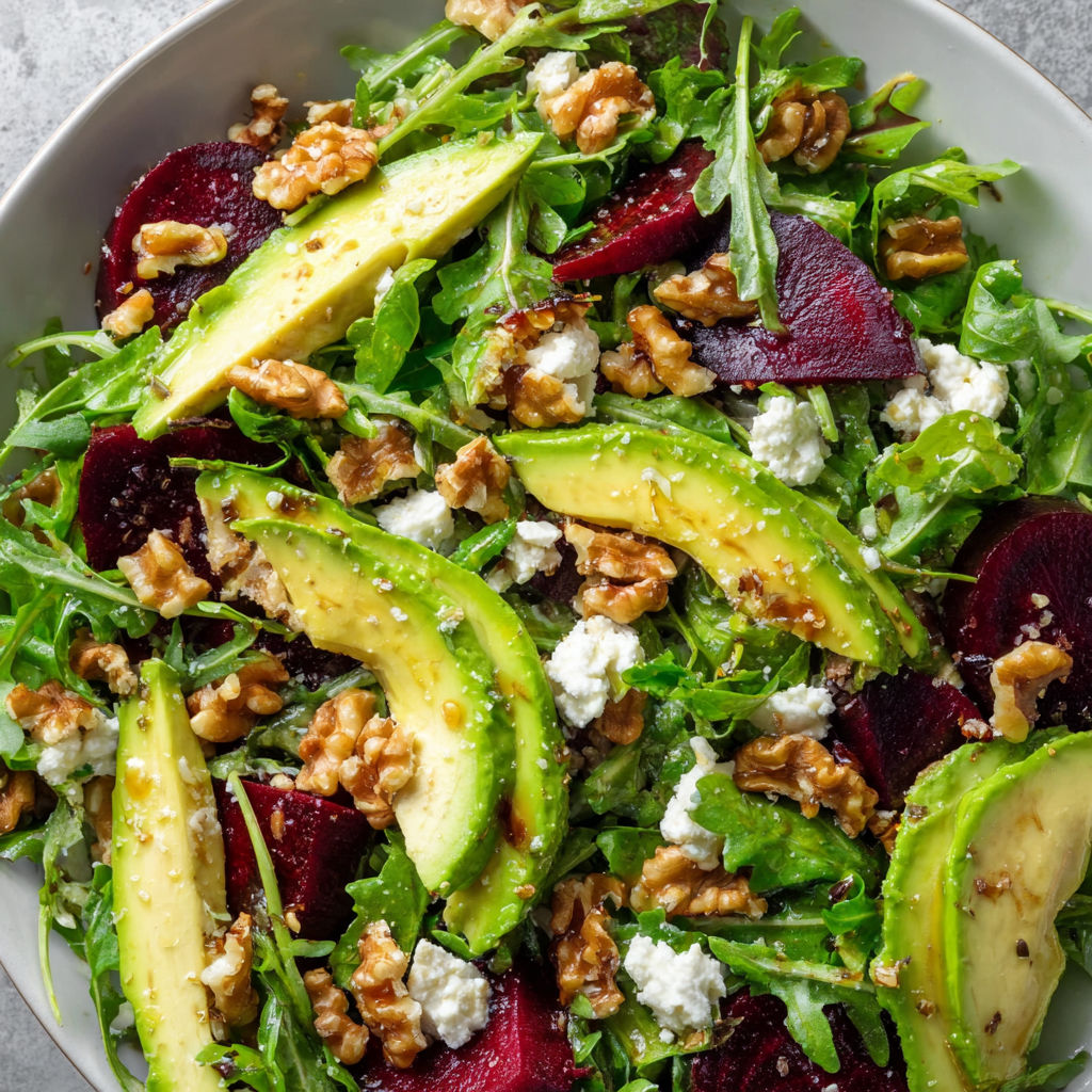 A plate of salad with walnuts and beets.