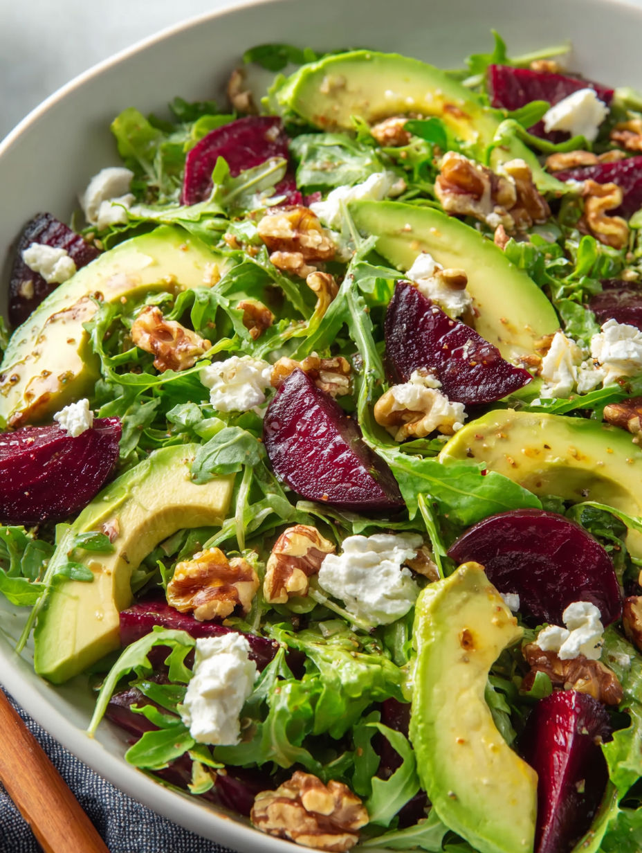 A bowl of salad with avocado, beets, and walnuts.