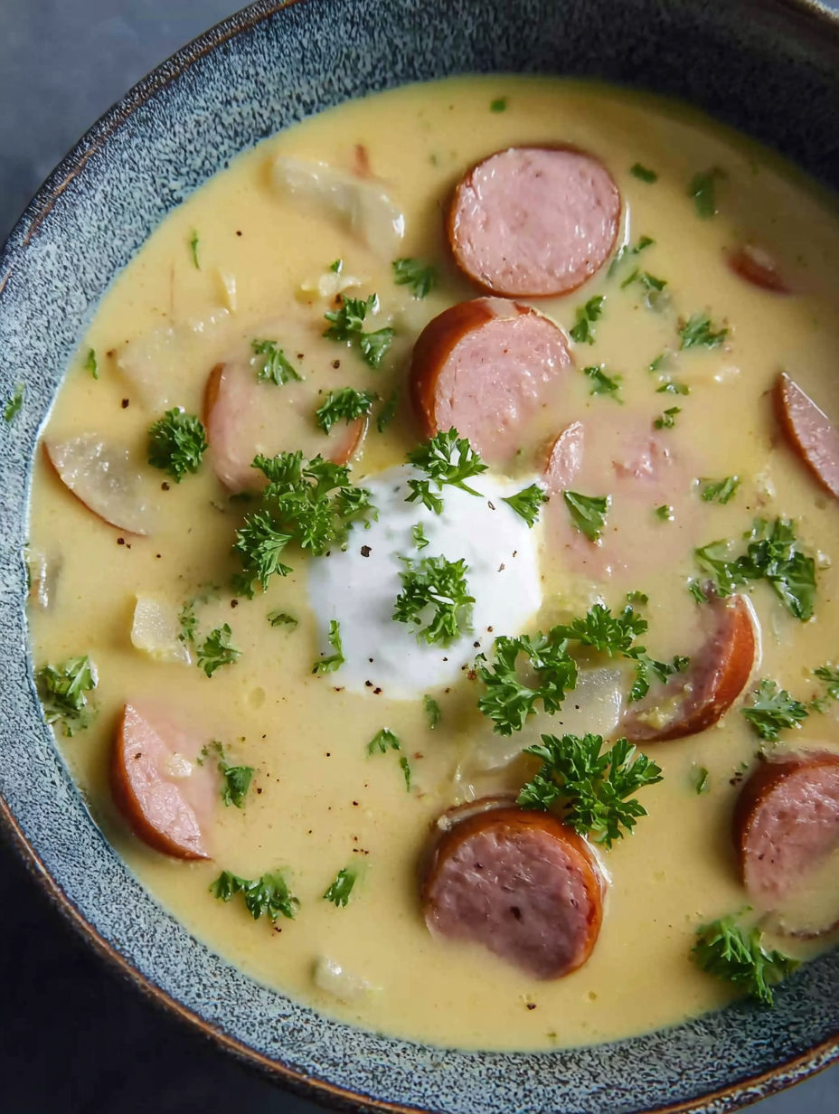 A bowl of soup with a sausage in it.