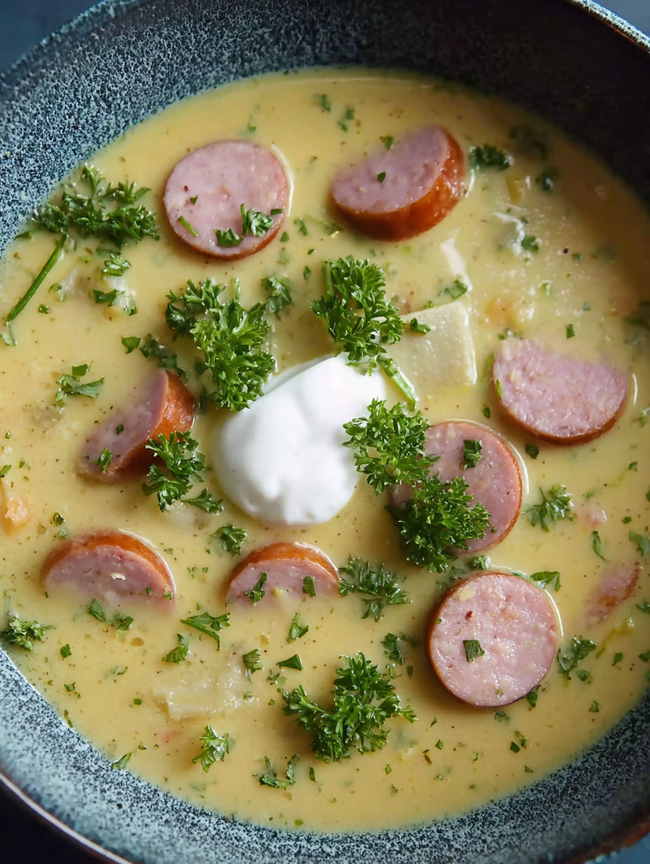 A bowl of soup with sausage and vegetables.