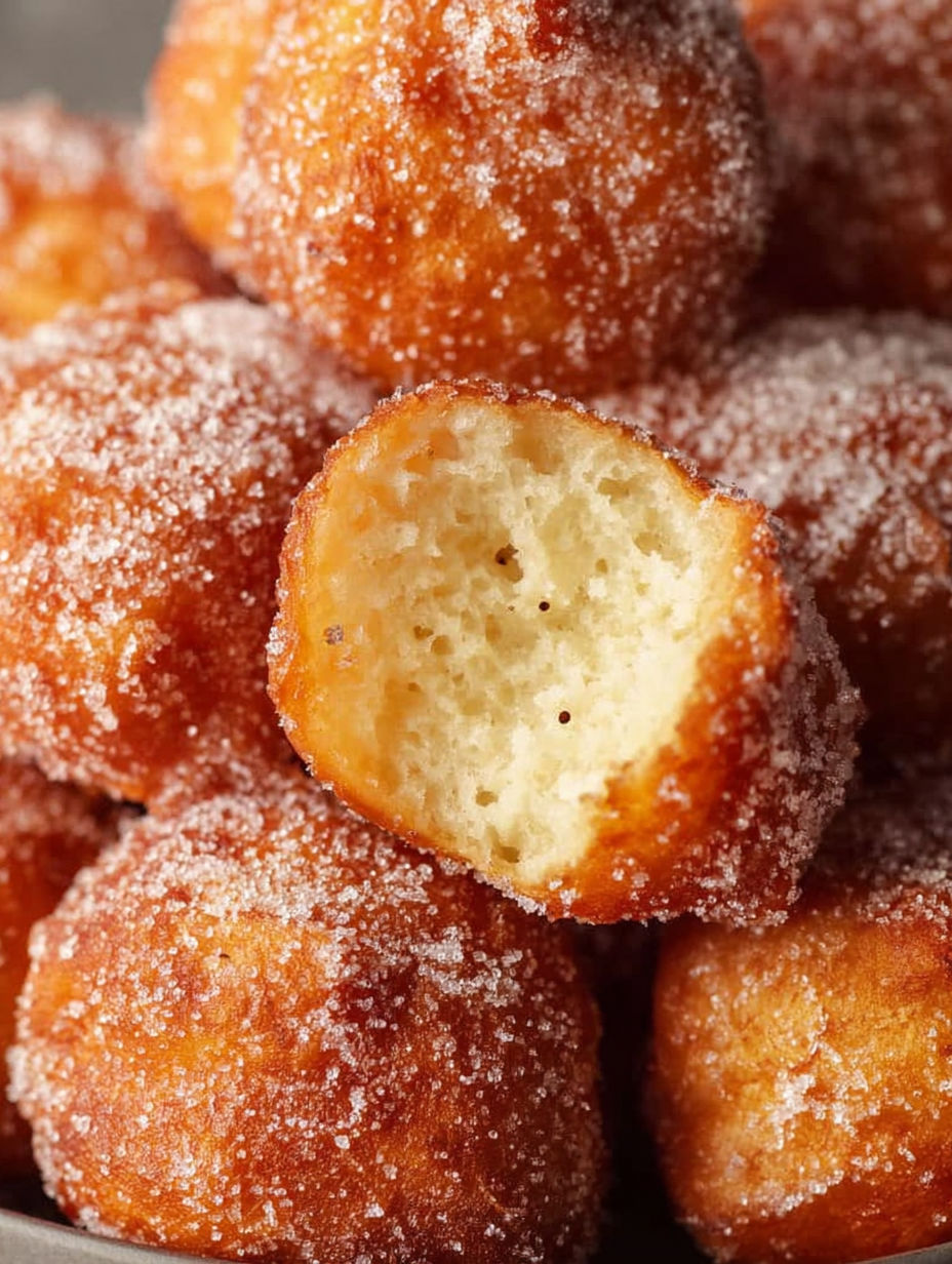 A pile of doughnuts with sugar on top.