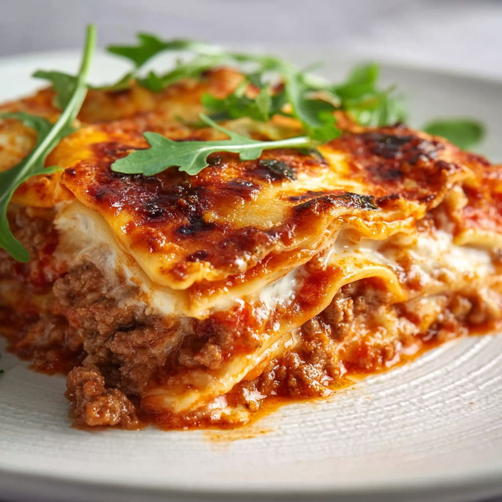 A plate of lasagna with green toppings.