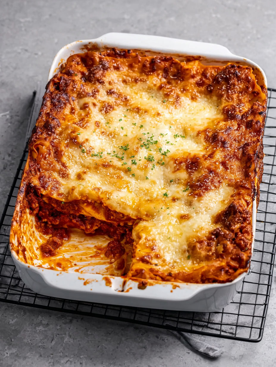 A white dish with lasagna in it.