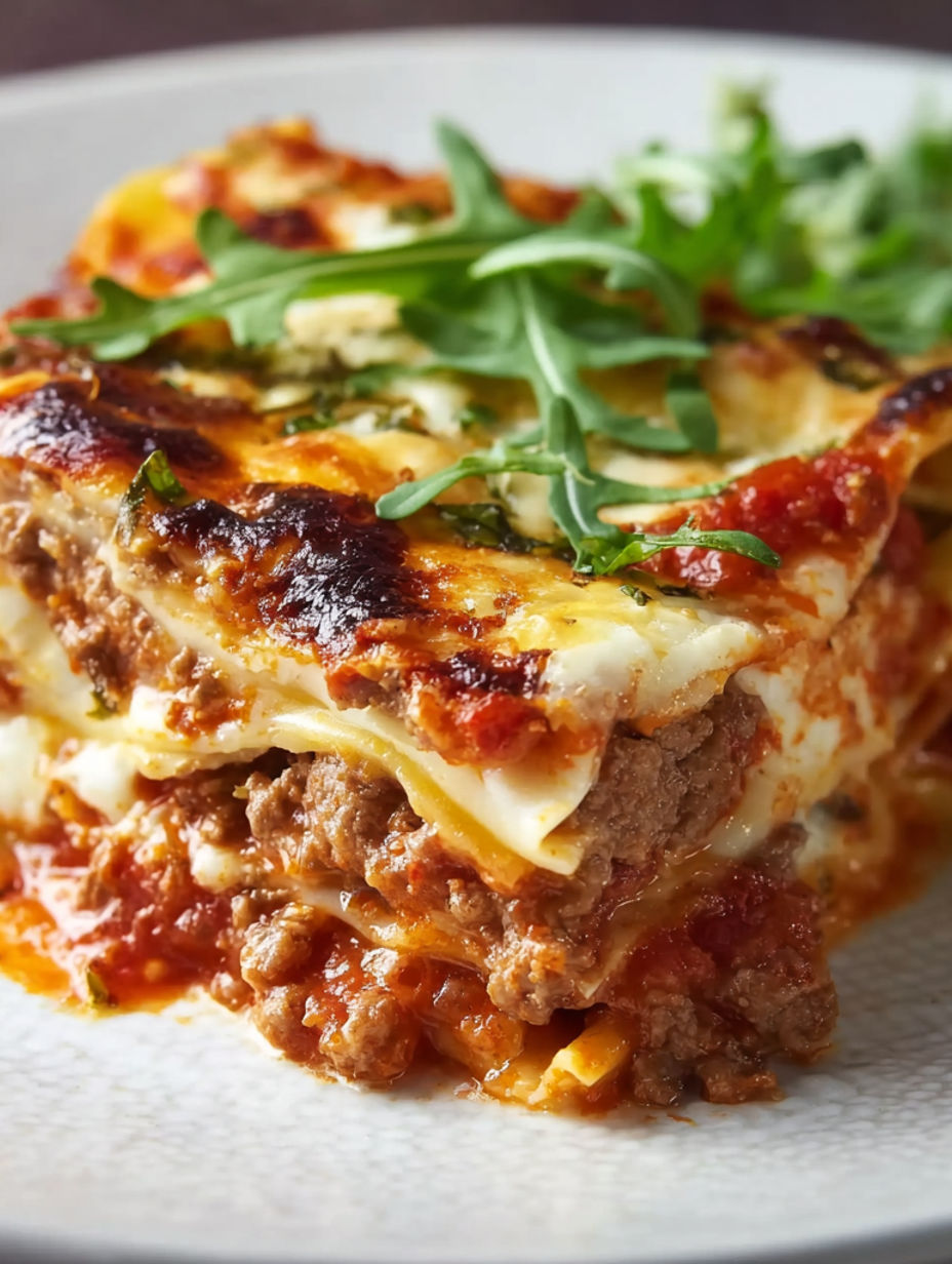 A close up of a lasagna with a green topping.