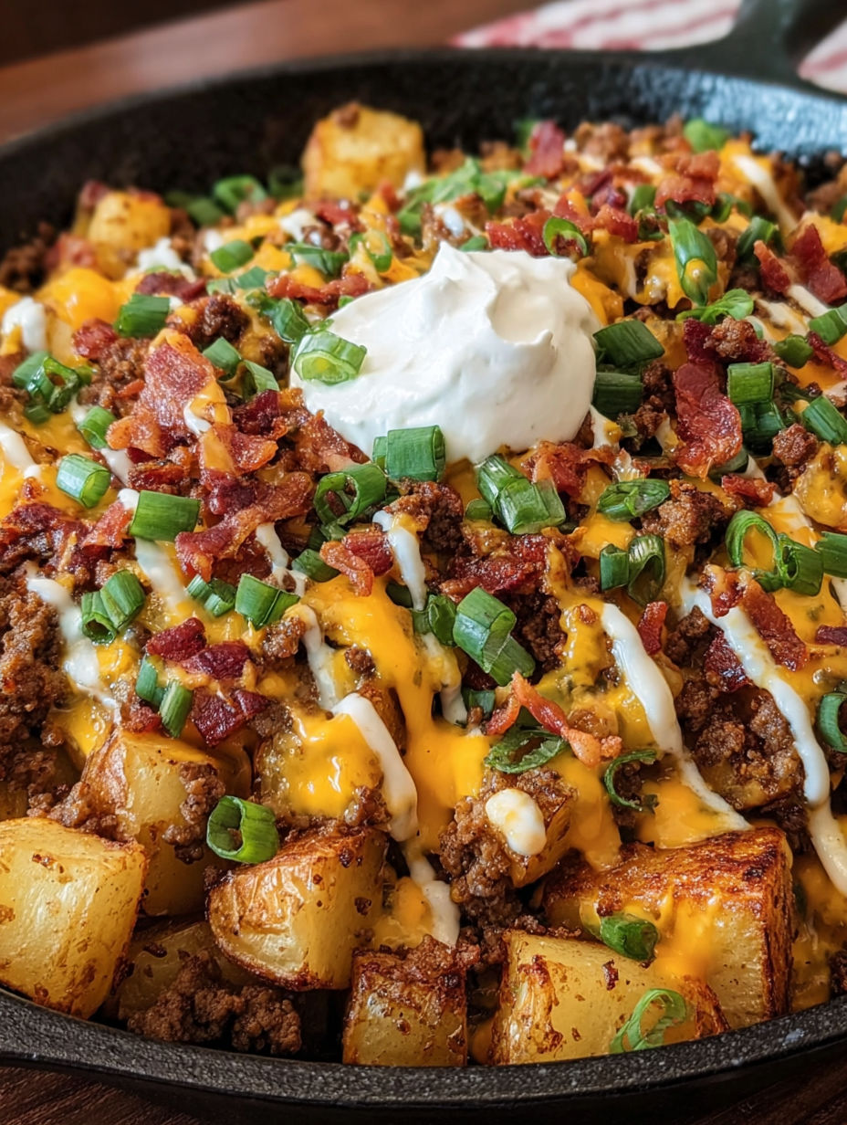 A cheeseburger with bacon and potatoes.