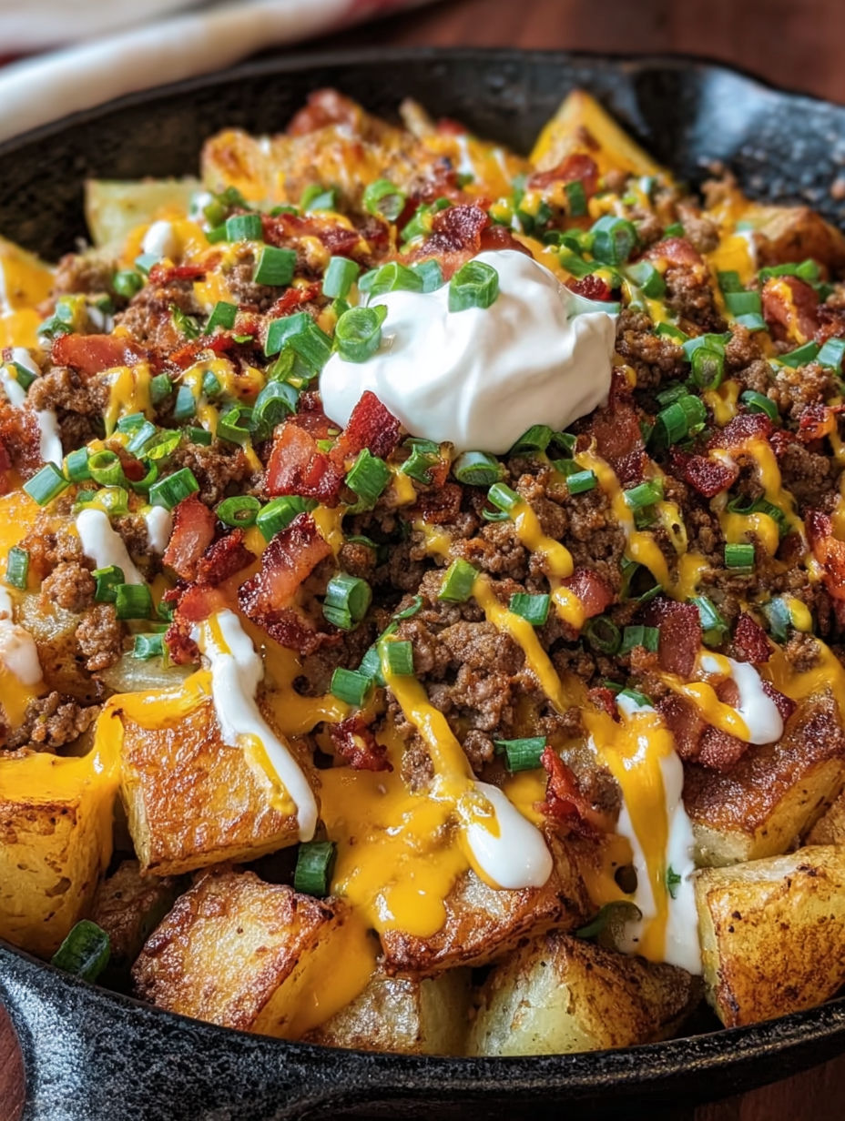 A cheeseburger with bacon and potatoes.